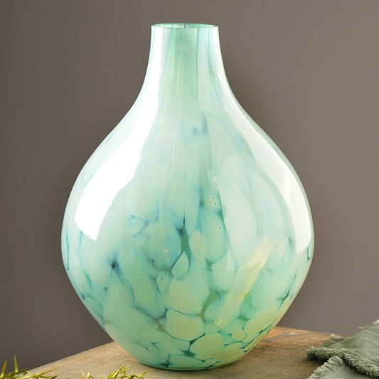 WHITE SPLUTTER GREEN GLASS ROUNDED VASE