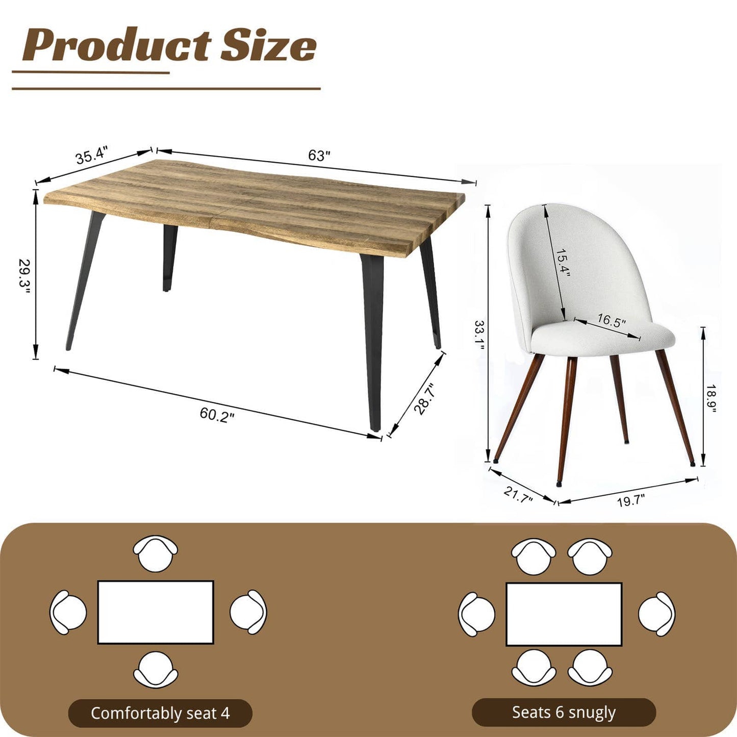 5-Piece Dining Set-63" Wave-Edge Wal Table and Chair Options
