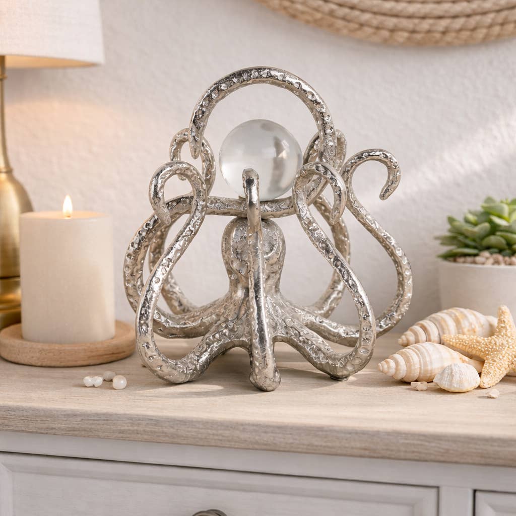 Figurine - Silver Metal Octopus with Acrylic Ball, 8 in.