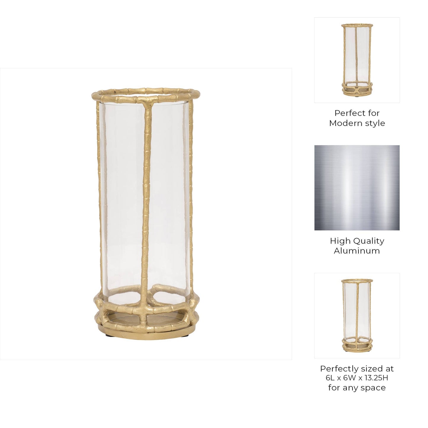 Metal Glass Modern Hurricane Candle Holder - Gold, 13 in.