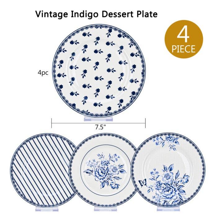 Vintage Indigo Dessert Plate Set of 4, 7.5"