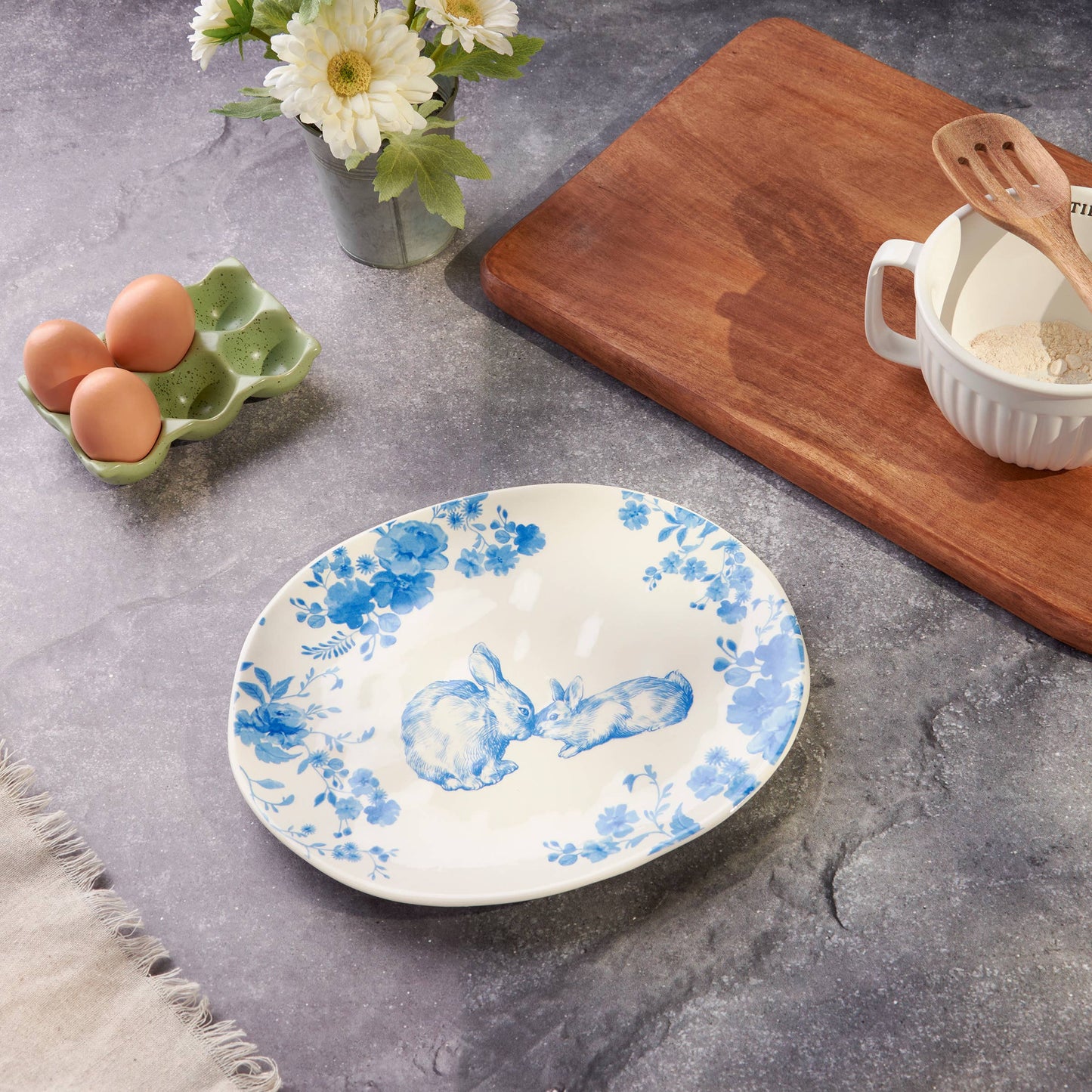 Oval Blue Floral Rabbit Platter