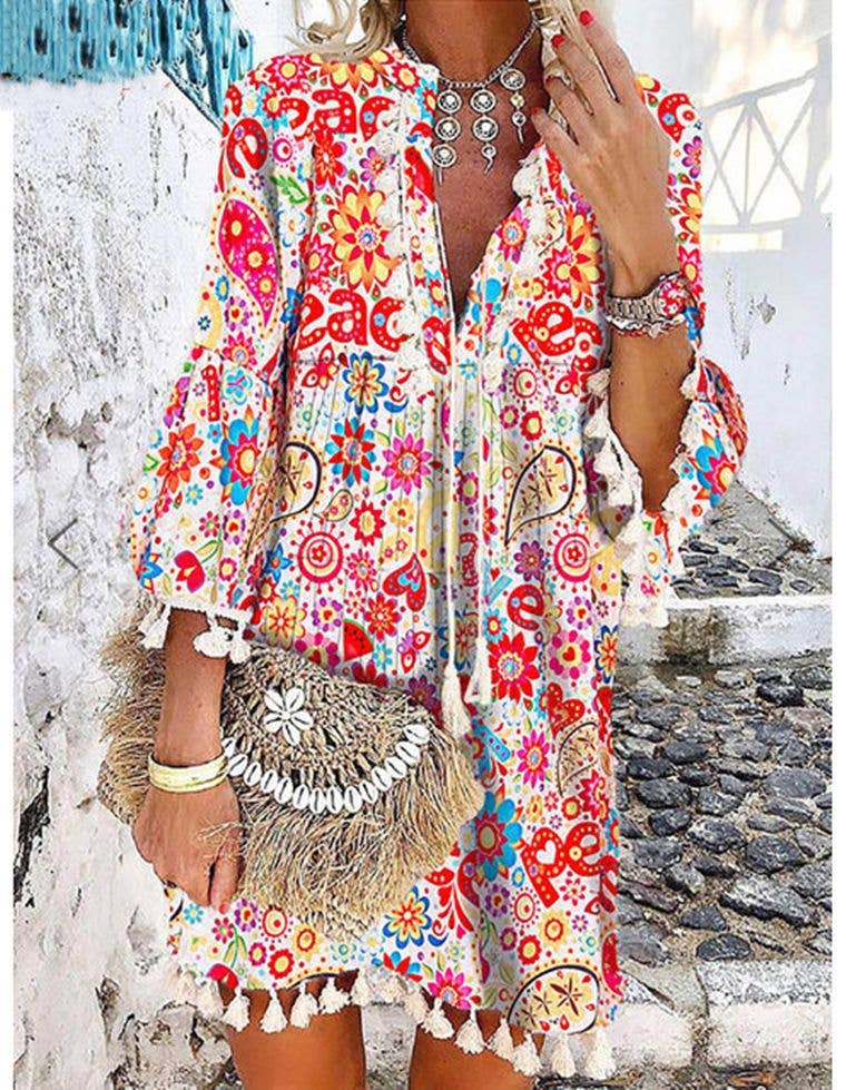 Women Print V Neck Tassel 3/4 Sleeve Shift Dress Bohemian Casual Knee Length Dress