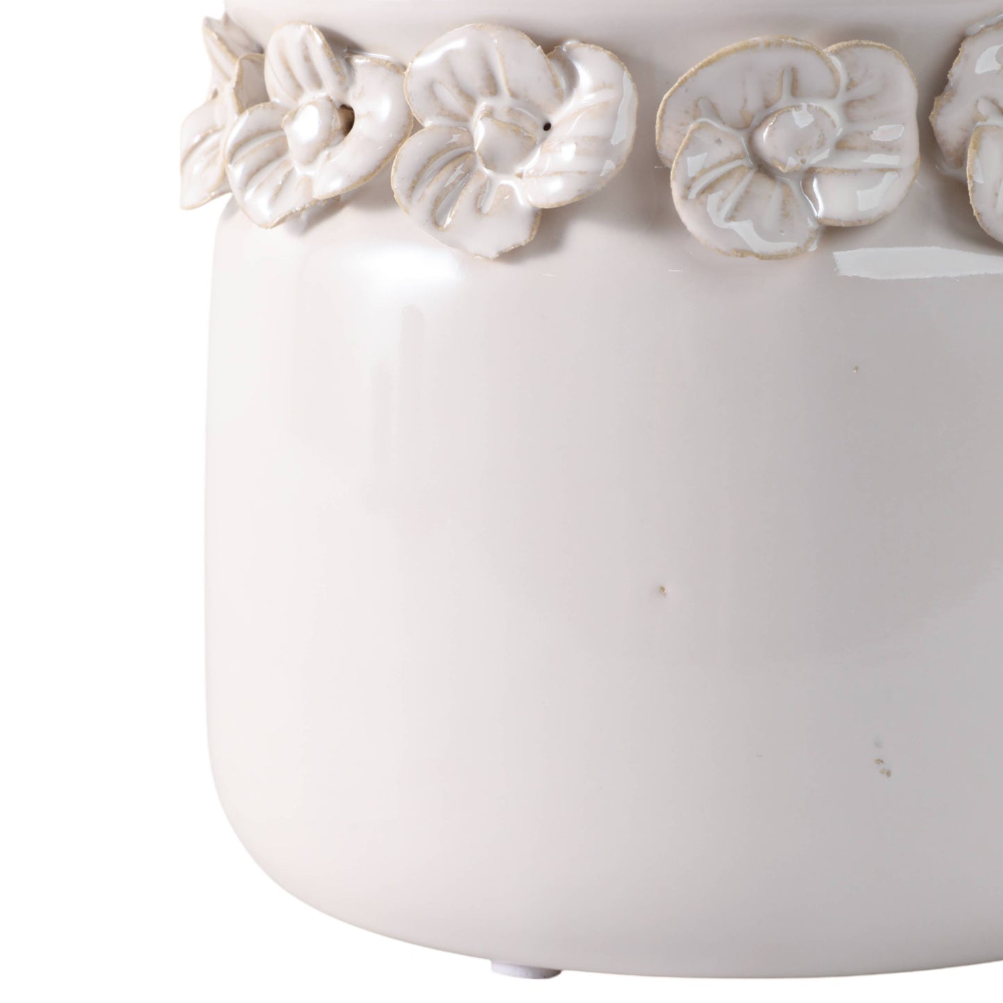 Plant Pot - Ivory Ceramic Sculpted Floral Rim Applique, 6 in