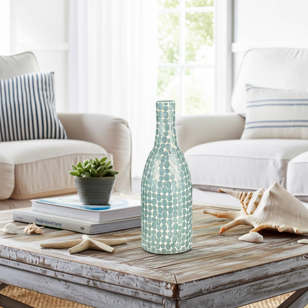 Glass Mosaic Pattern Narrow Neck Vase - Blue, 15 in.