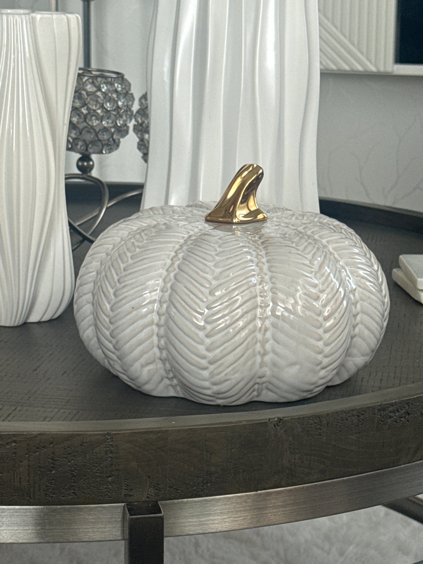Large White Ceramic Pumpkin w/Gold