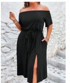 Plus Off Shoulder Split Thigh Belted Summer Dress