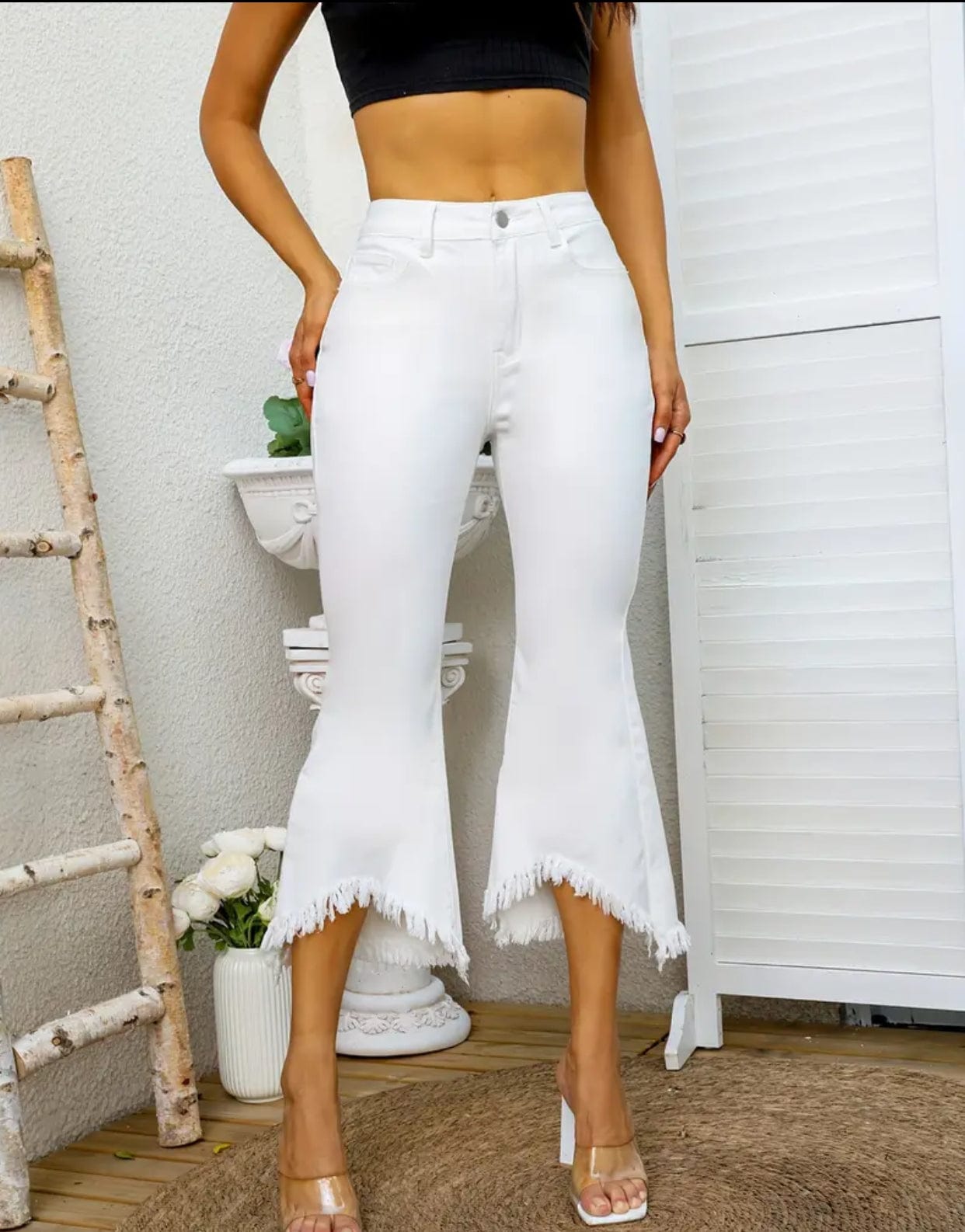 White Frayed Hem Flared Jeans