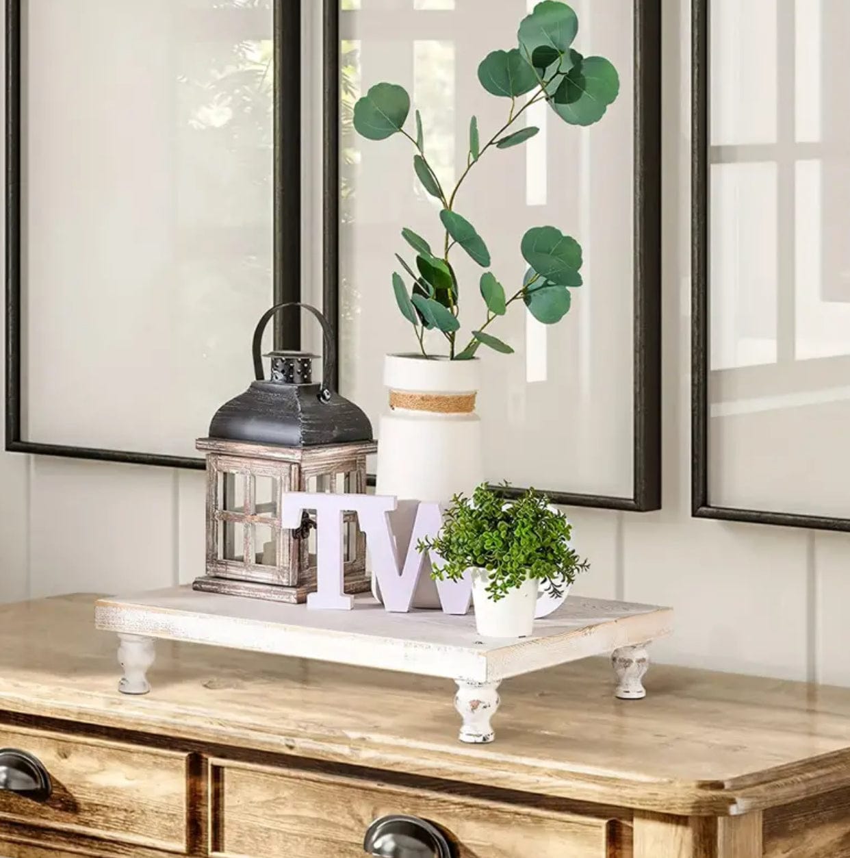 Farmhouse Style Whitewashed Wooden Riser Tray
