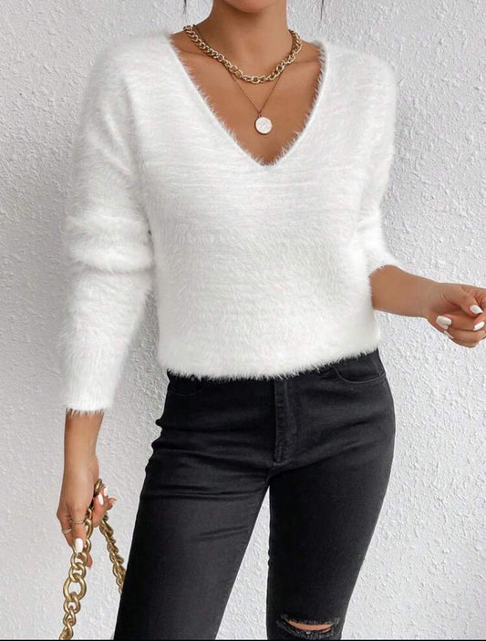 V-Neck Fuzzy White Sweater