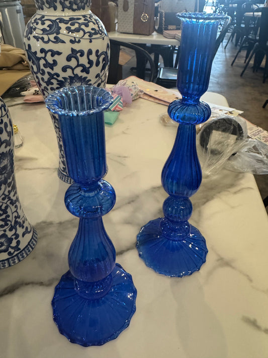 Set Blown Glass Blue Candlesticks