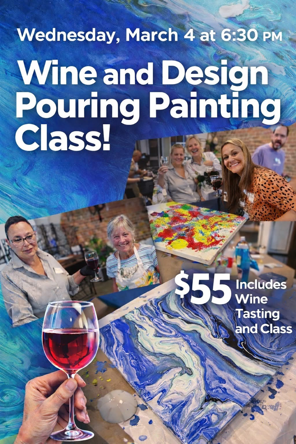 Wine & Paint Pouring Class March 4th, 2026
