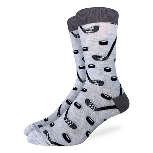 Mens Bige & Tall Hockey Socks - Gray Socks with Black Hocky Sticks and Pucks