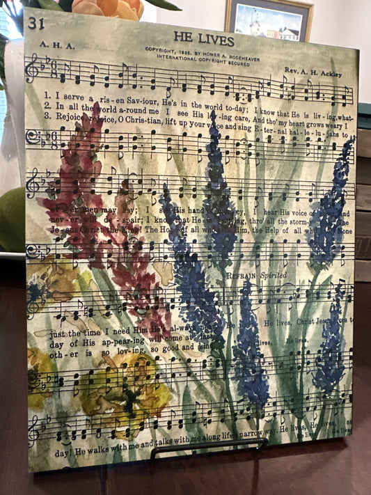 “He Lives” hymn on 8x10 wood panel w/Stand