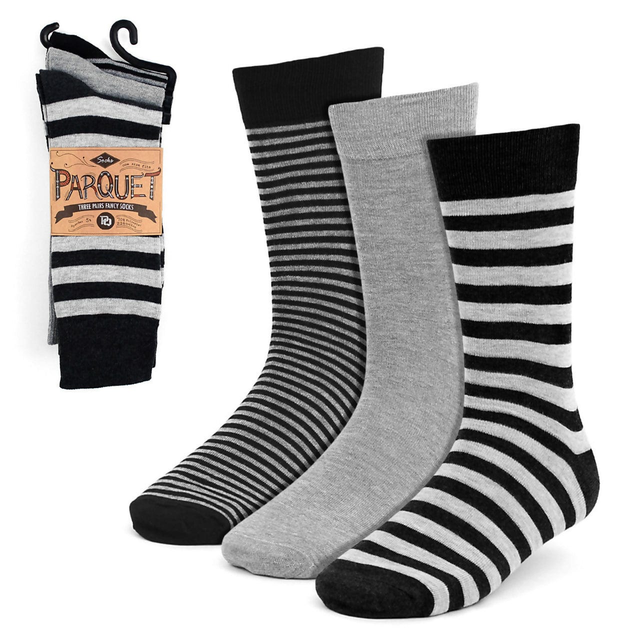 Mens 3 Pack Dress Socks Black Gray Striped Life is Socks.   