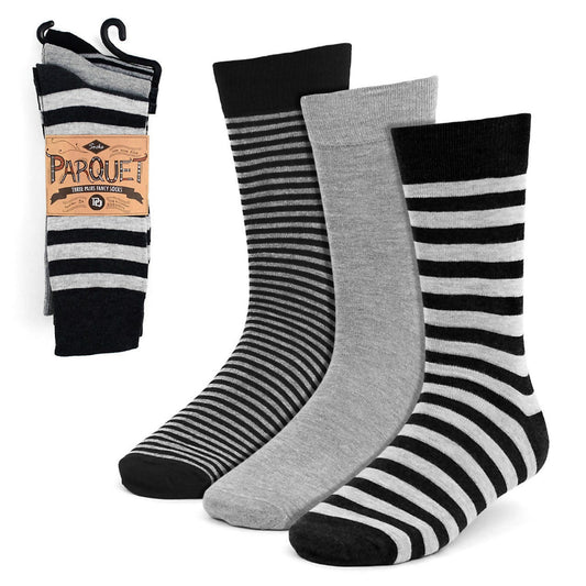 Mens 3 Pack Dress Socks Black Gray Striped Life is Socks.   