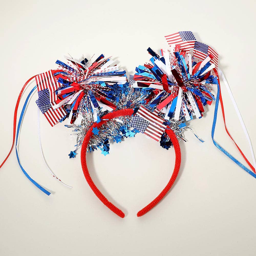 American USA Flag Patriotic Bow Tinsel Pom Headband