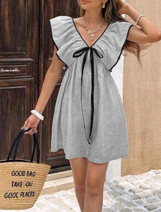 Striped Mini Dress with Ruffle Sleeves and Front Bow