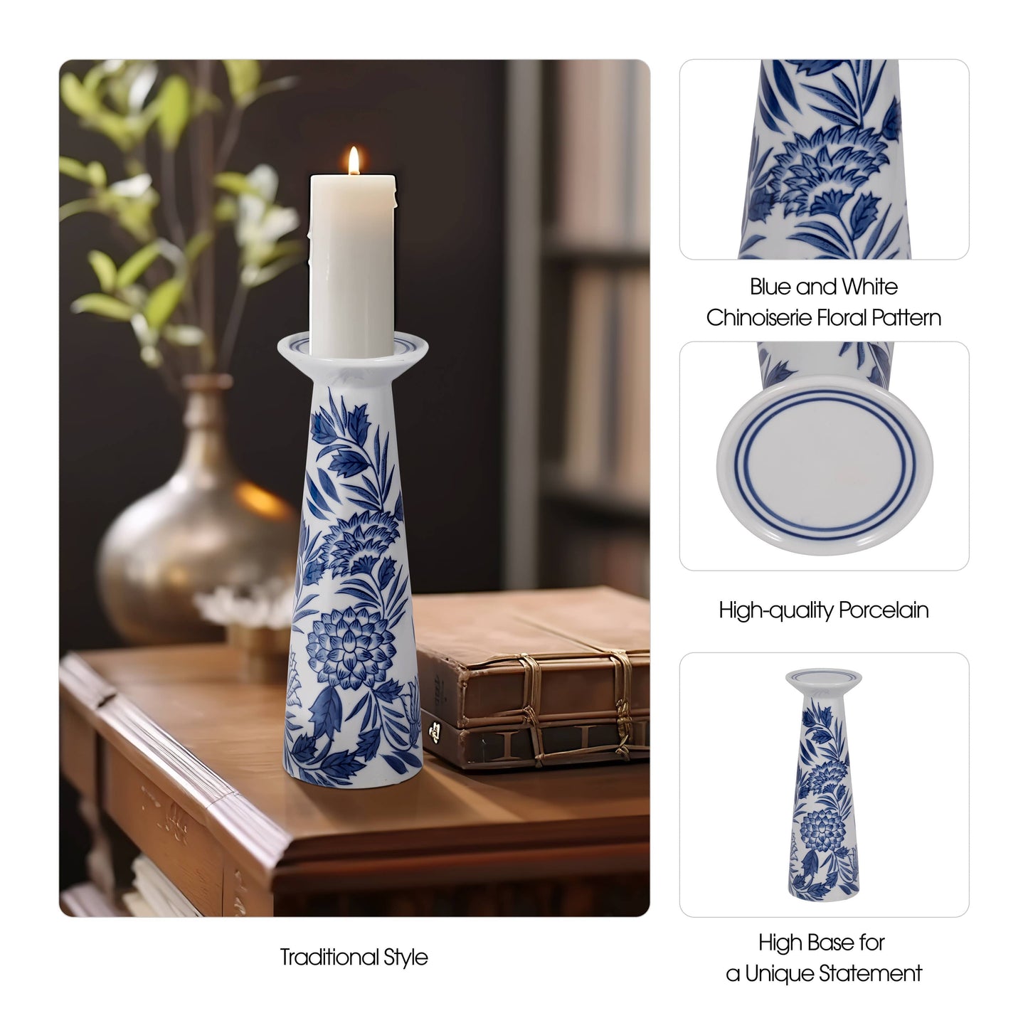 Blue/White 12 in. Porcelain Chinoiserie Candle Holder