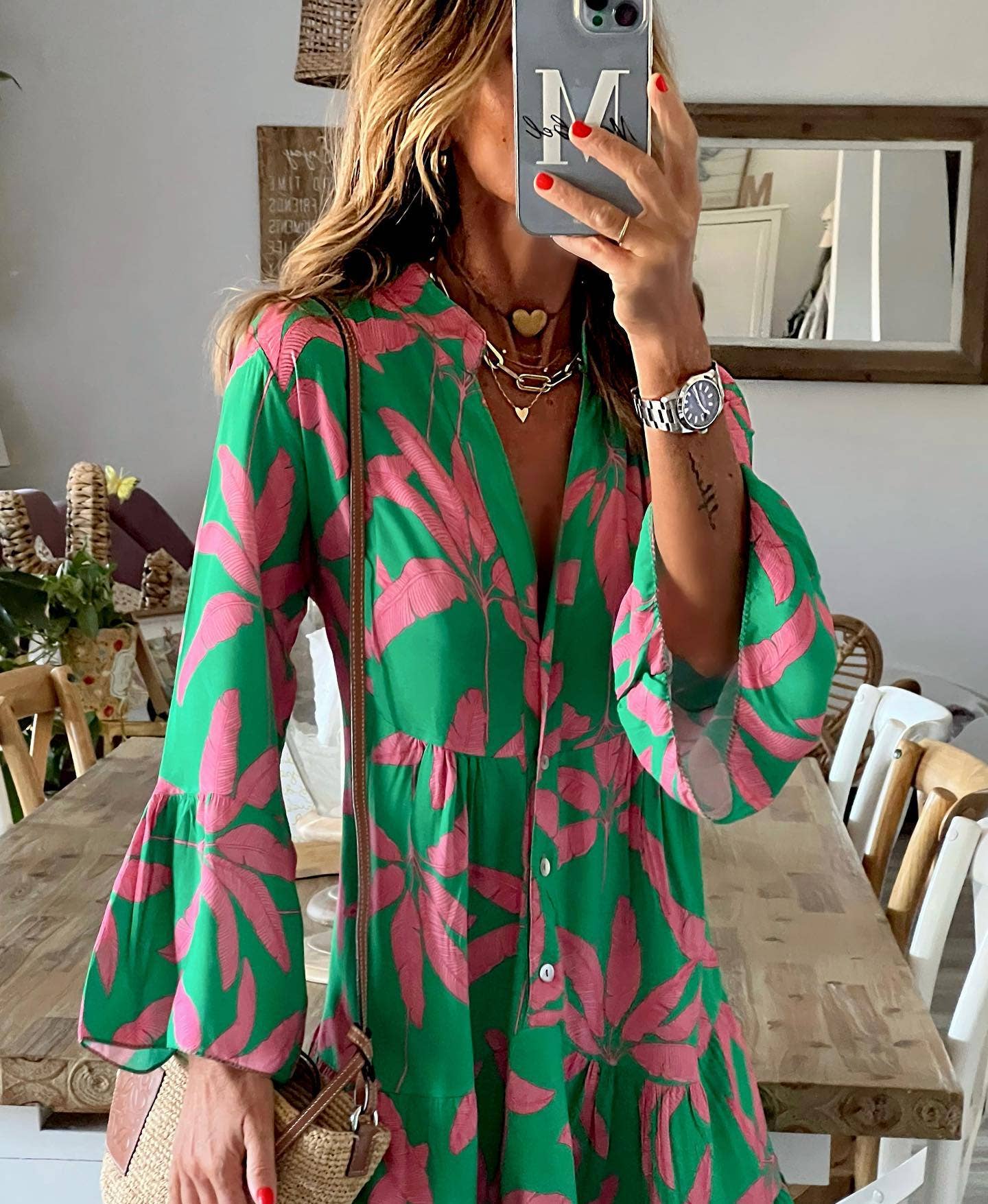 Banana Floral Buckle Ruffled Flared Sleeve Dress