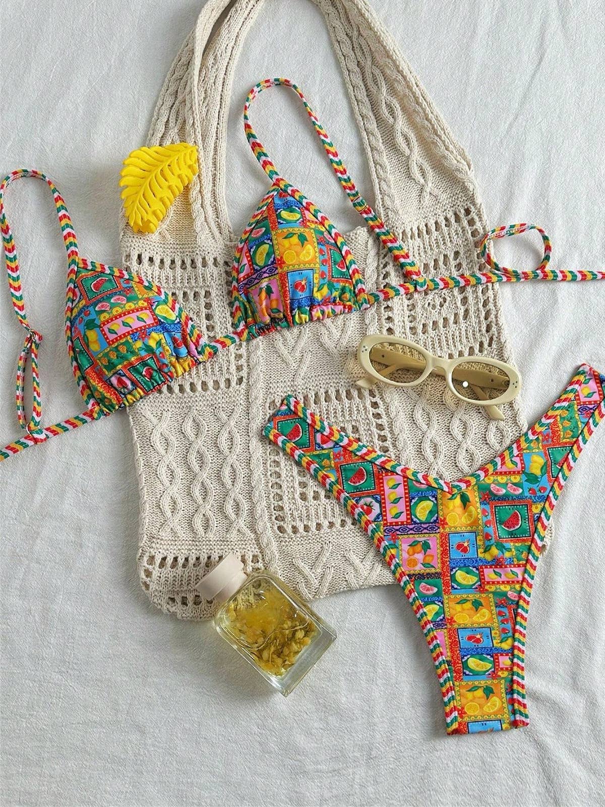 Bohemian Print Lace-Up Sexy Bikini Split Swimsuit Set