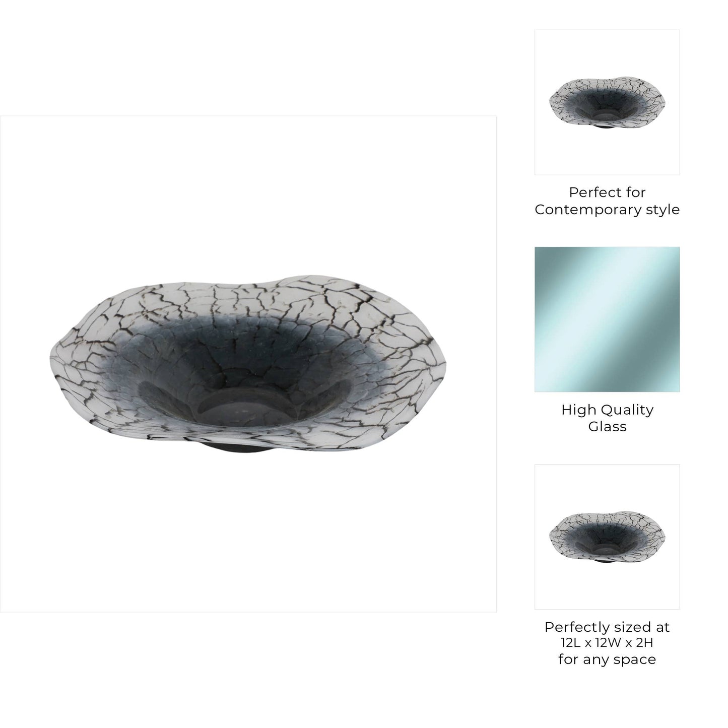 Decorative Bowl - Black Glass Cracked Veining, 12 in.