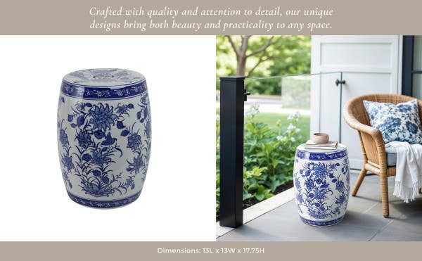 Ceramic Elegant Hydrangea Chinoiserie Stool - Blue, 17 in.