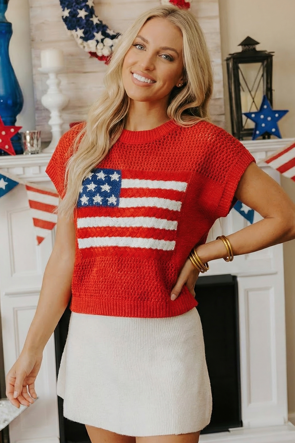 Spring Flag Graphic Short Sleeve Sweater Top (S-XL)