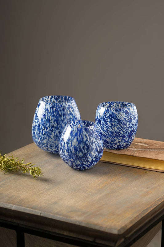 WHITE & BLUE SPLUTTER GLASS PGB VOTIVE HOLDER