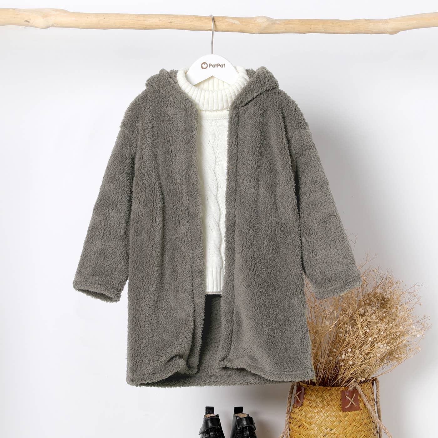 Kid Boy/Girl Solid Color Hooded Fuzzy Coat