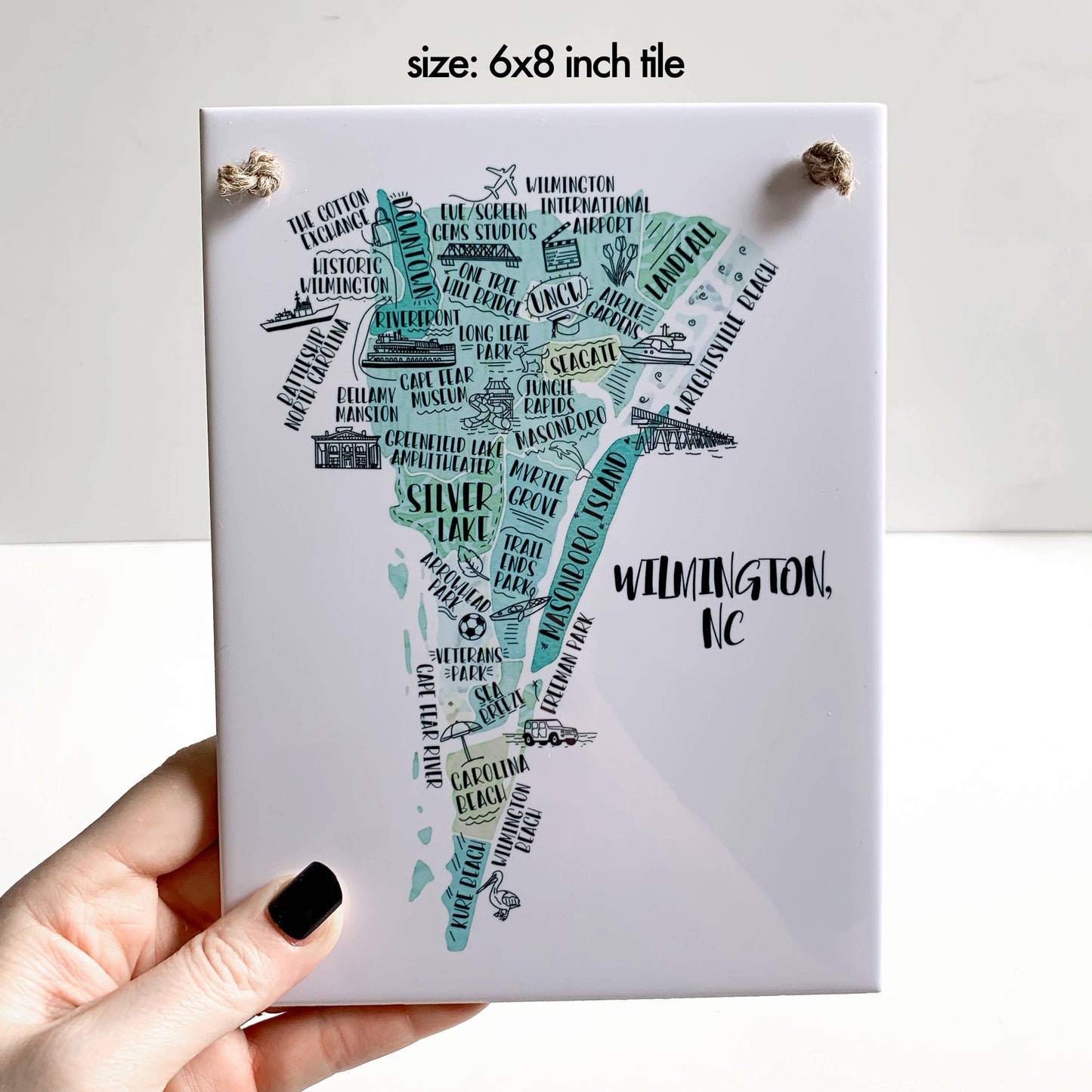 Wendell North Carolina landmark map tile sign, hand drawn