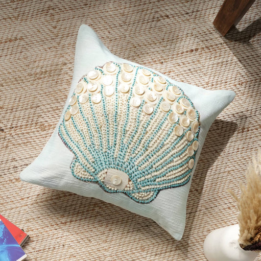 Print & Beadwork Seashell Pillow-Blue & Ivory 18"x18"