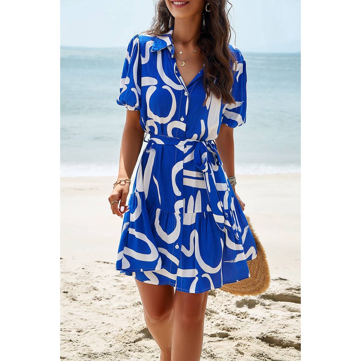 Allover Print Ruffle Front Button Open Belt Dress