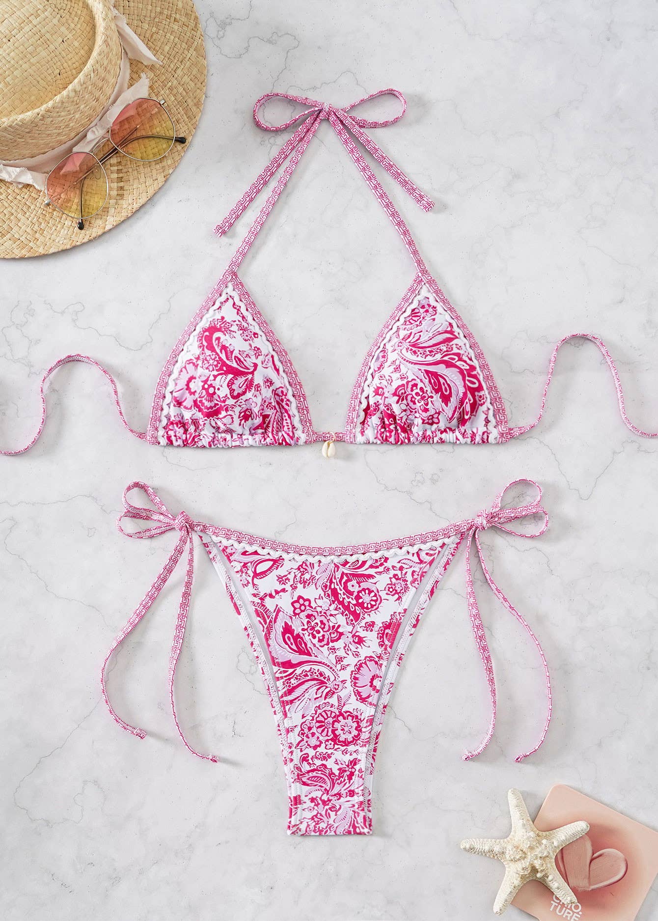 Bohemian Print Lace-Up Sexy Bikini Split Swimsuit Set