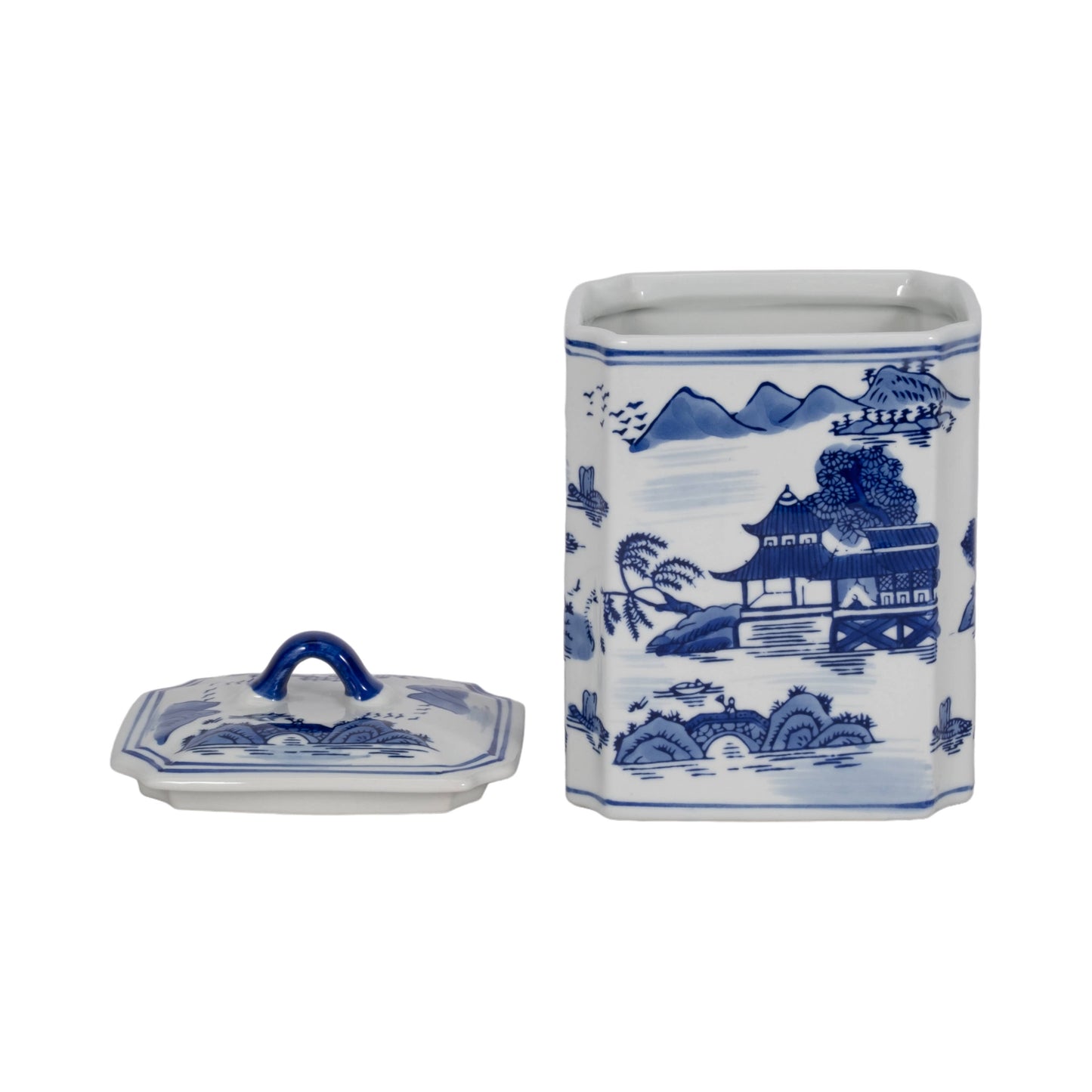 Decorative Jar - Blue Ceramic Rectangular Lidded, 9 in.