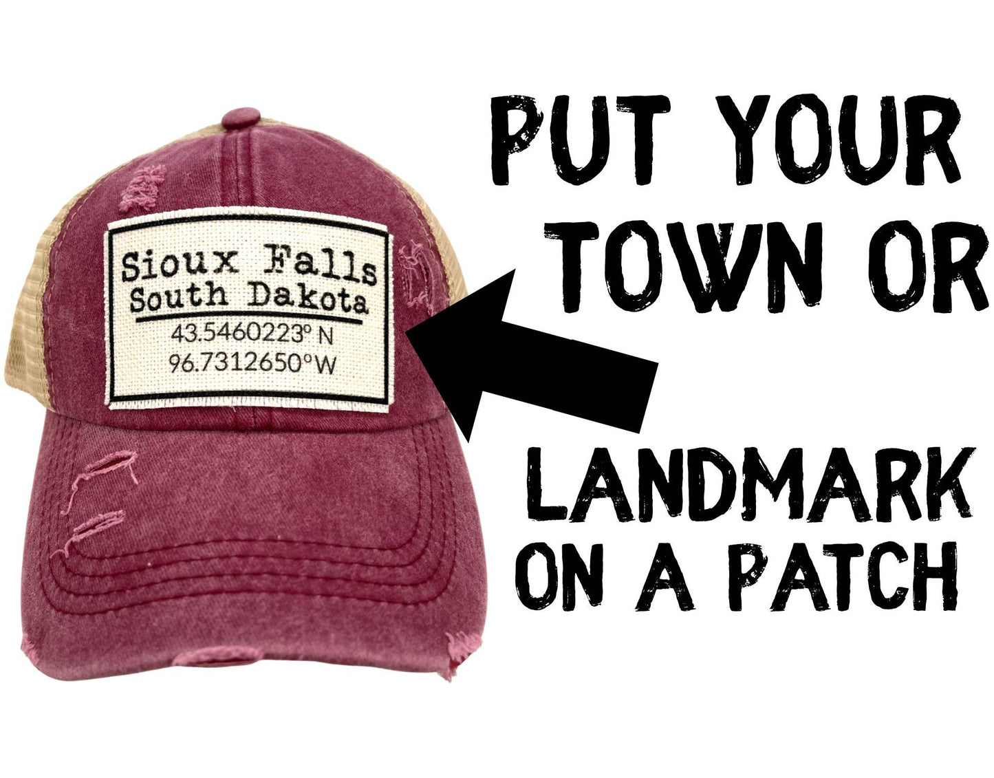 YOUR PERSONALIZED TOWN, STATE, AND LATITUDE / LONGITUDE HATS: Charcoal with White Mesh Unisex