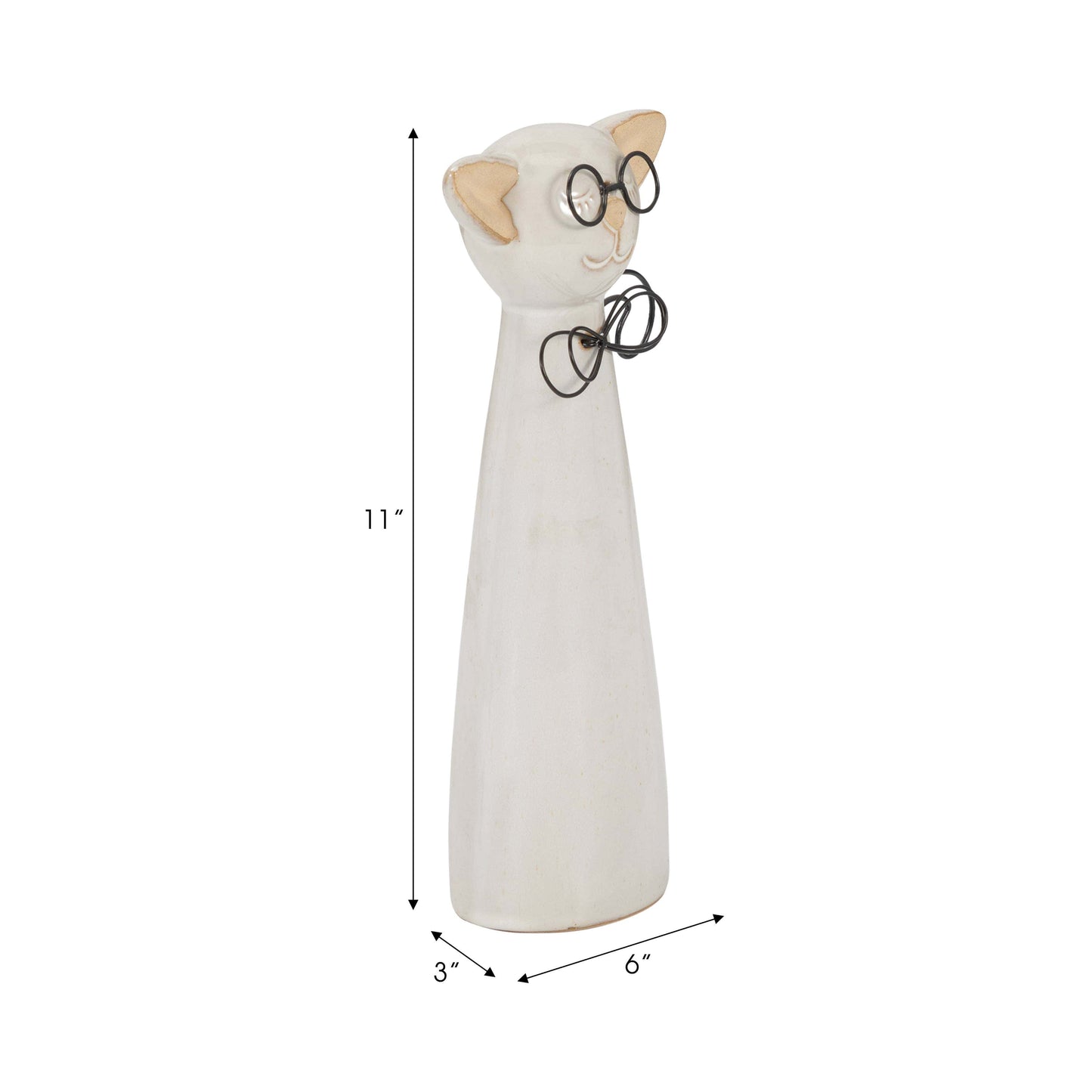 Ceramic Cat Figurine with Glasses and Bow - White, 11 in.