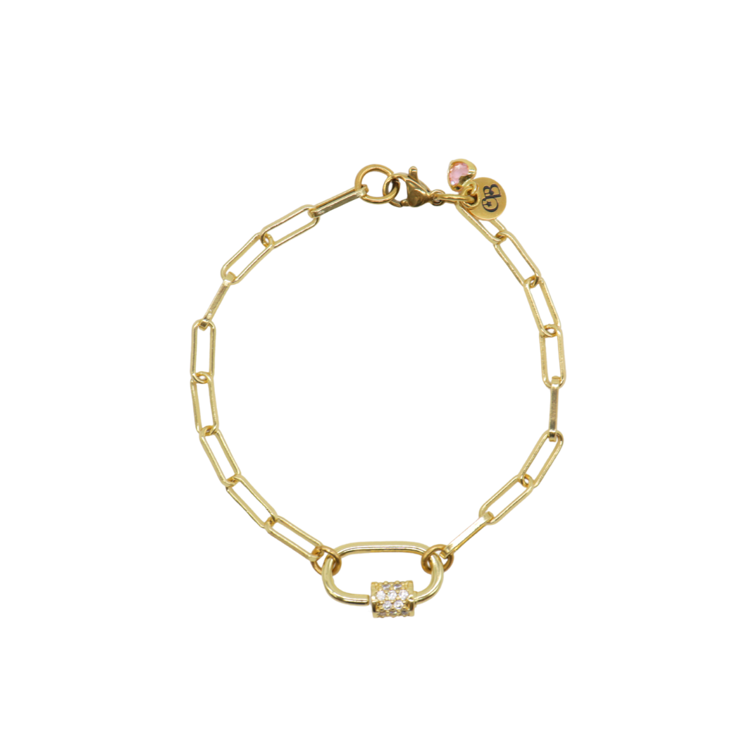 Gold Ashley (Box) Paperclip Chain Charm Bracelet with Clear Cubic Zirconia Small Gabi Carabiner