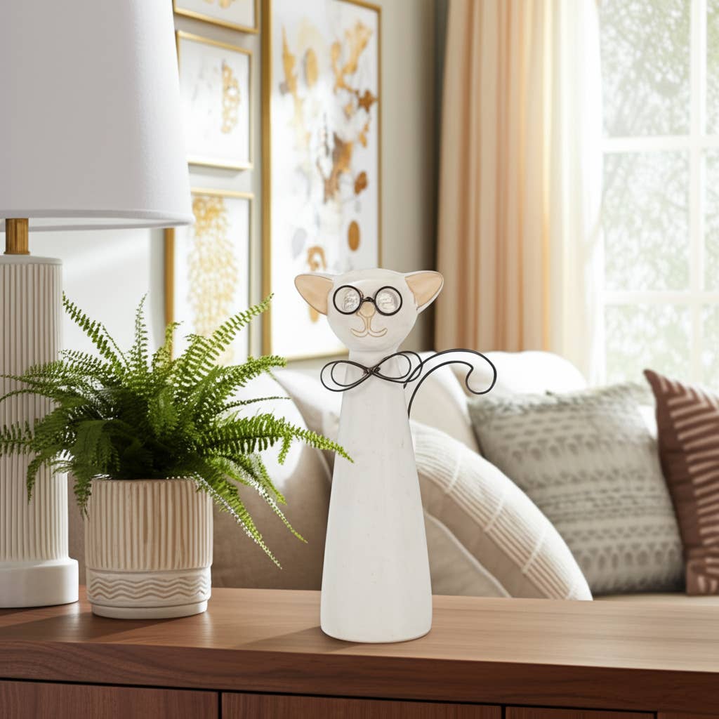 Ceramic Cat Figurine with Glasses and Bow - White, 11 in.