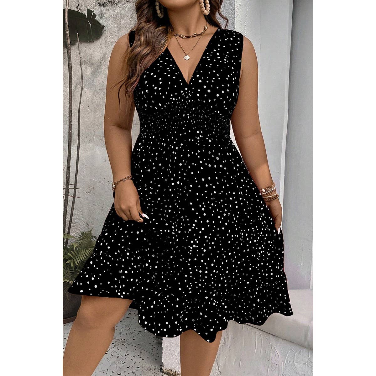 Plus Polka Dot Waist Shirred Sleeveless Fit Dress