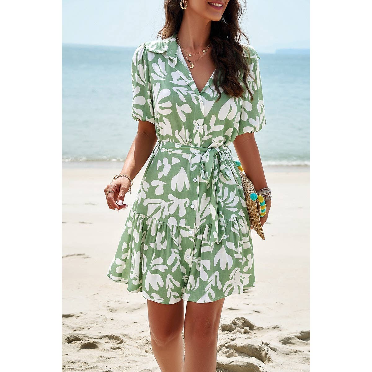 Allover Print Ruffle Front Button Open Belt Dress
