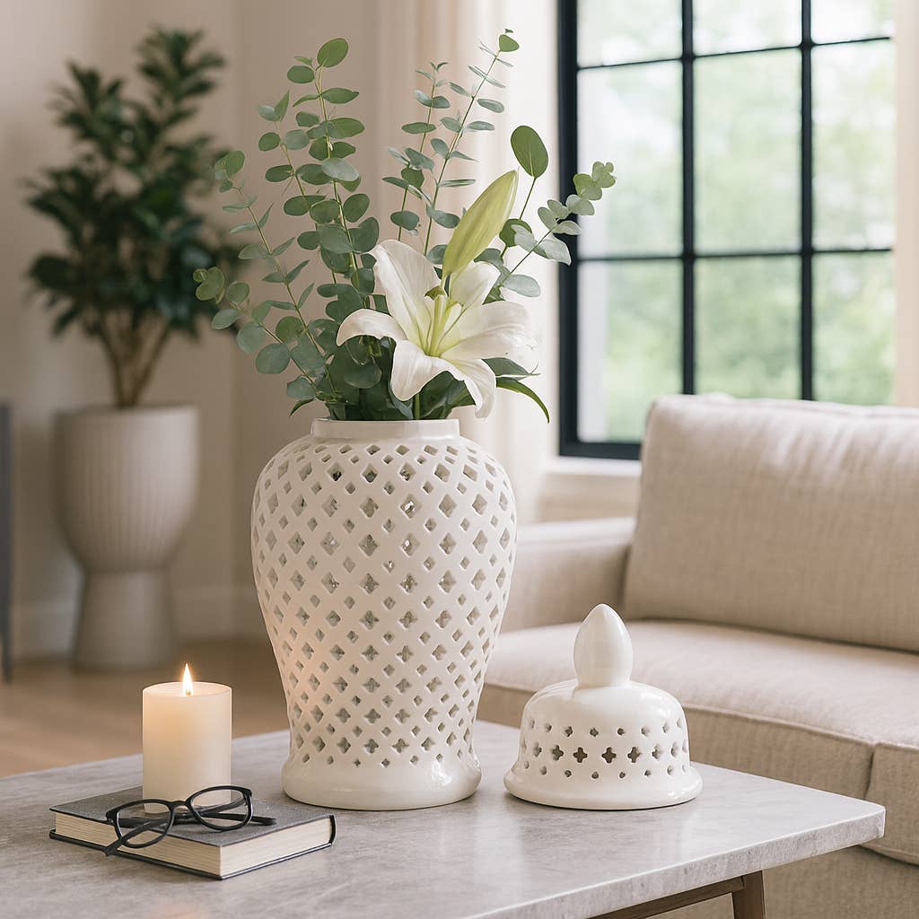 Decorative Temple Jar - White Ceramic Cut-out Clover, 24 in.