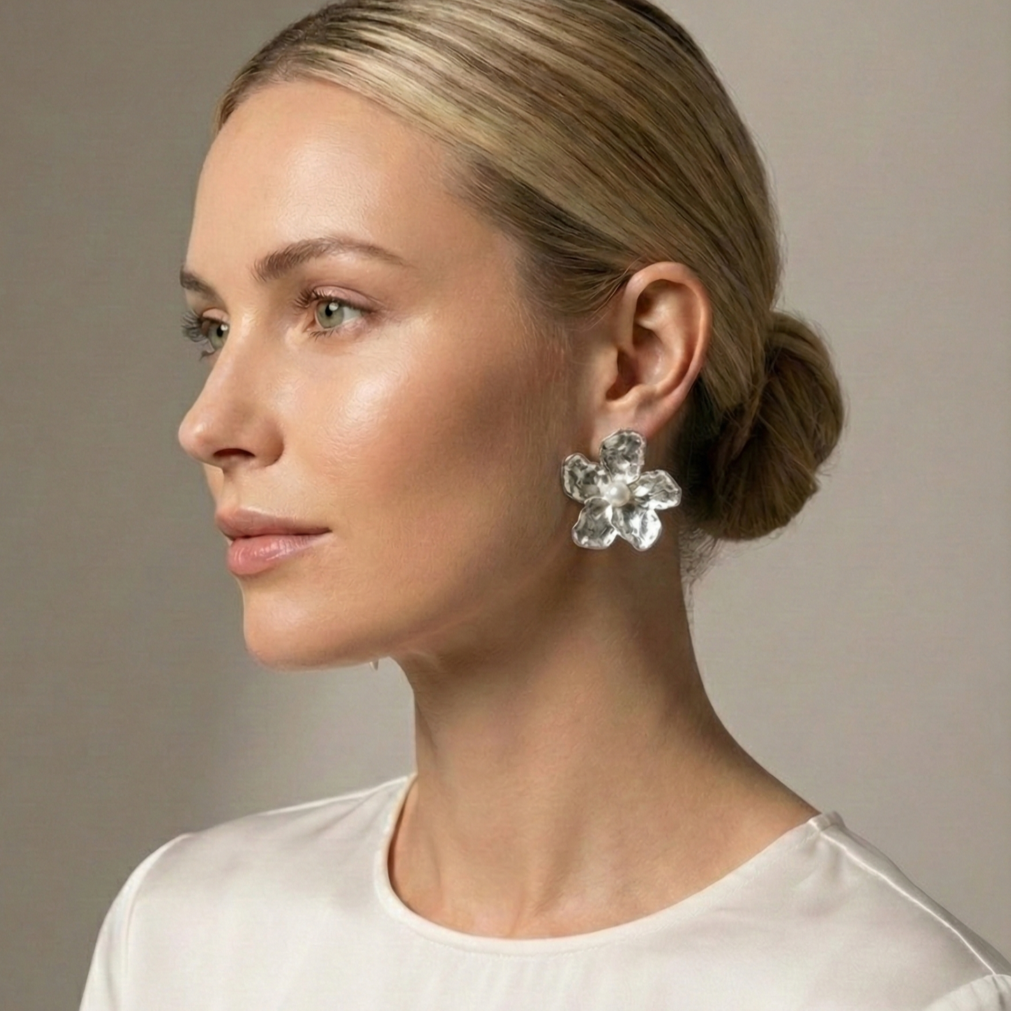 Silver Hibiscus Flower Statement Earrings | Handmade Jewelry