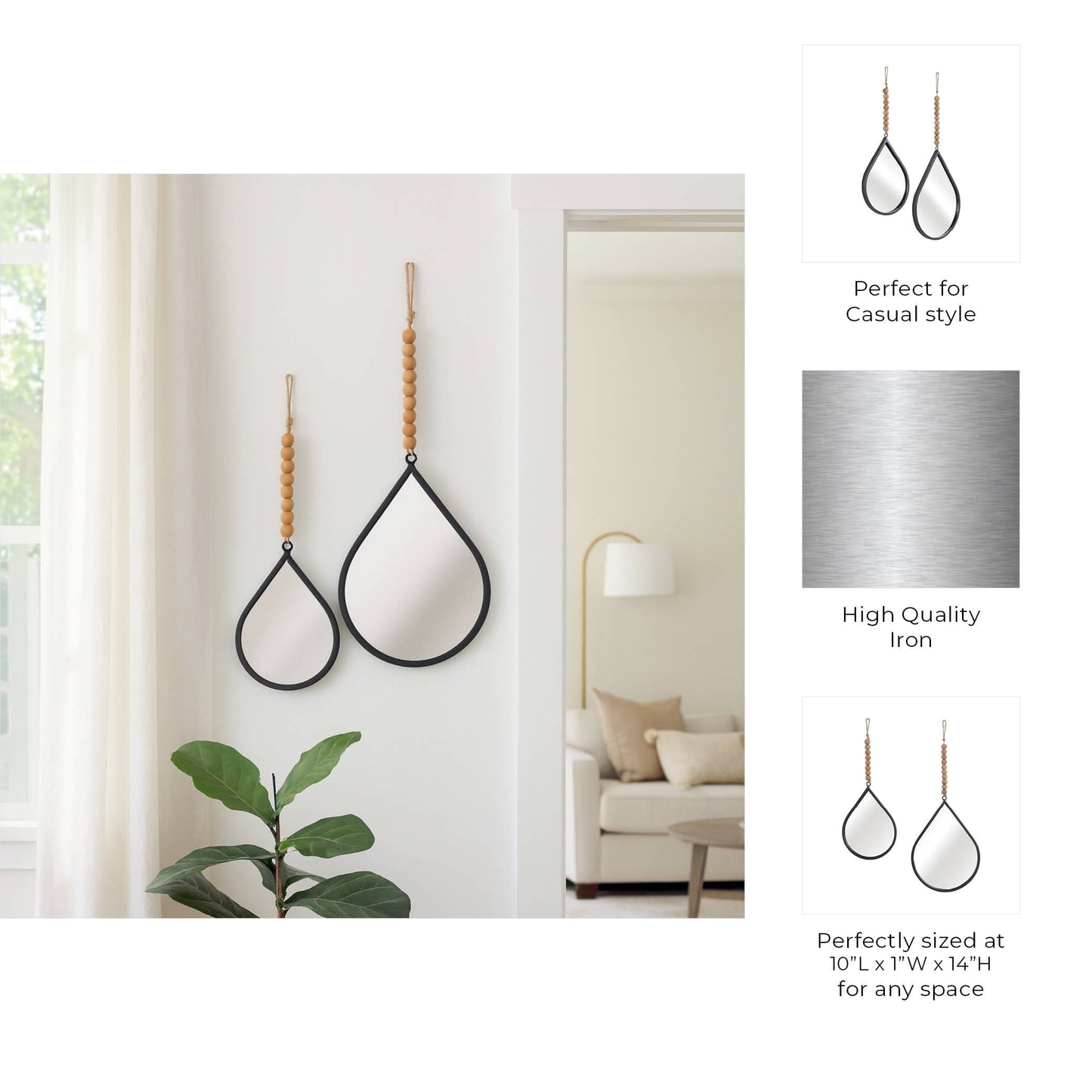 Wall Mirror Set of 2 - Silver Metal Wood Teardrop, 11/14 in.