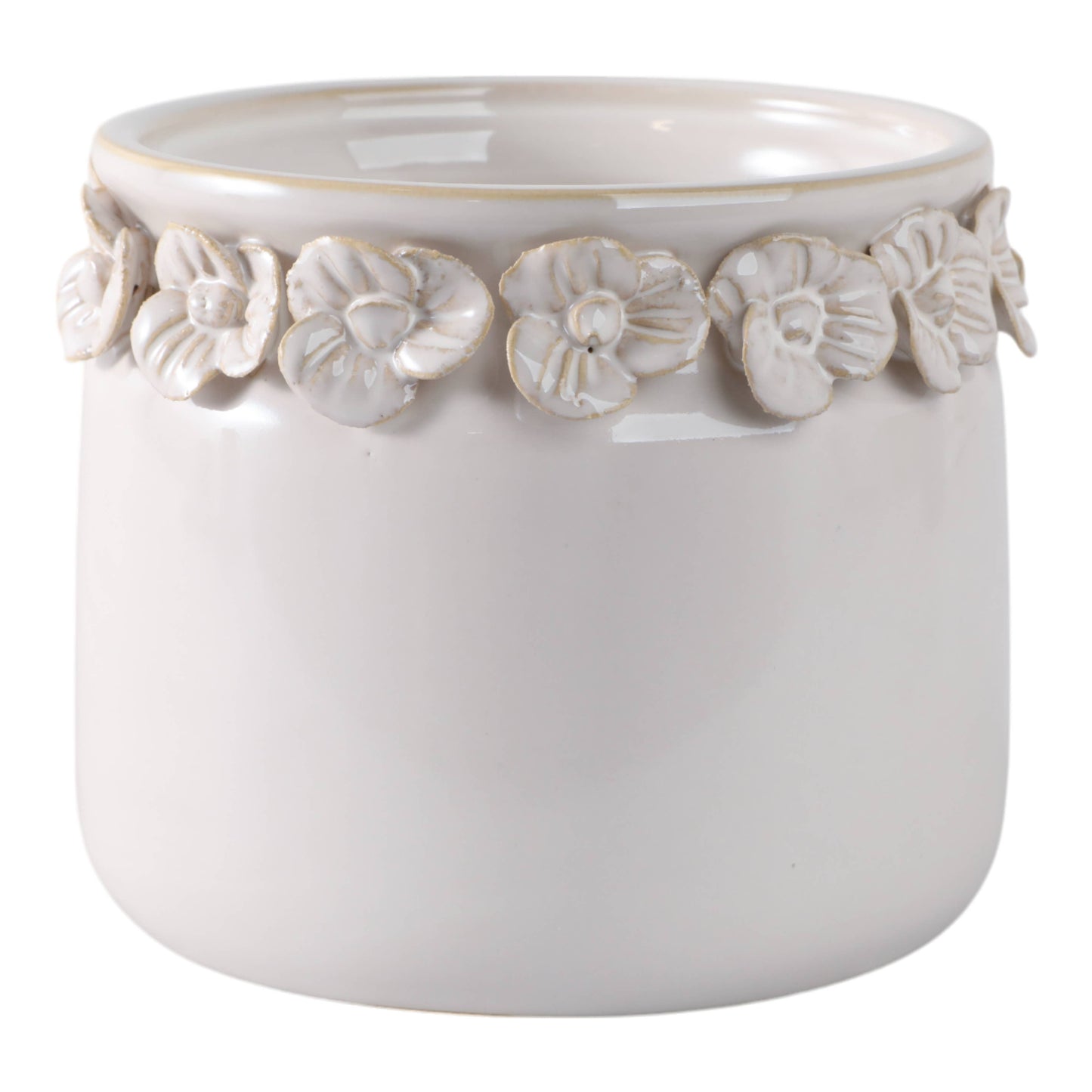 Plant Pot - Ivory Ceramic Sculpted Floral Rim Applique, 6 in