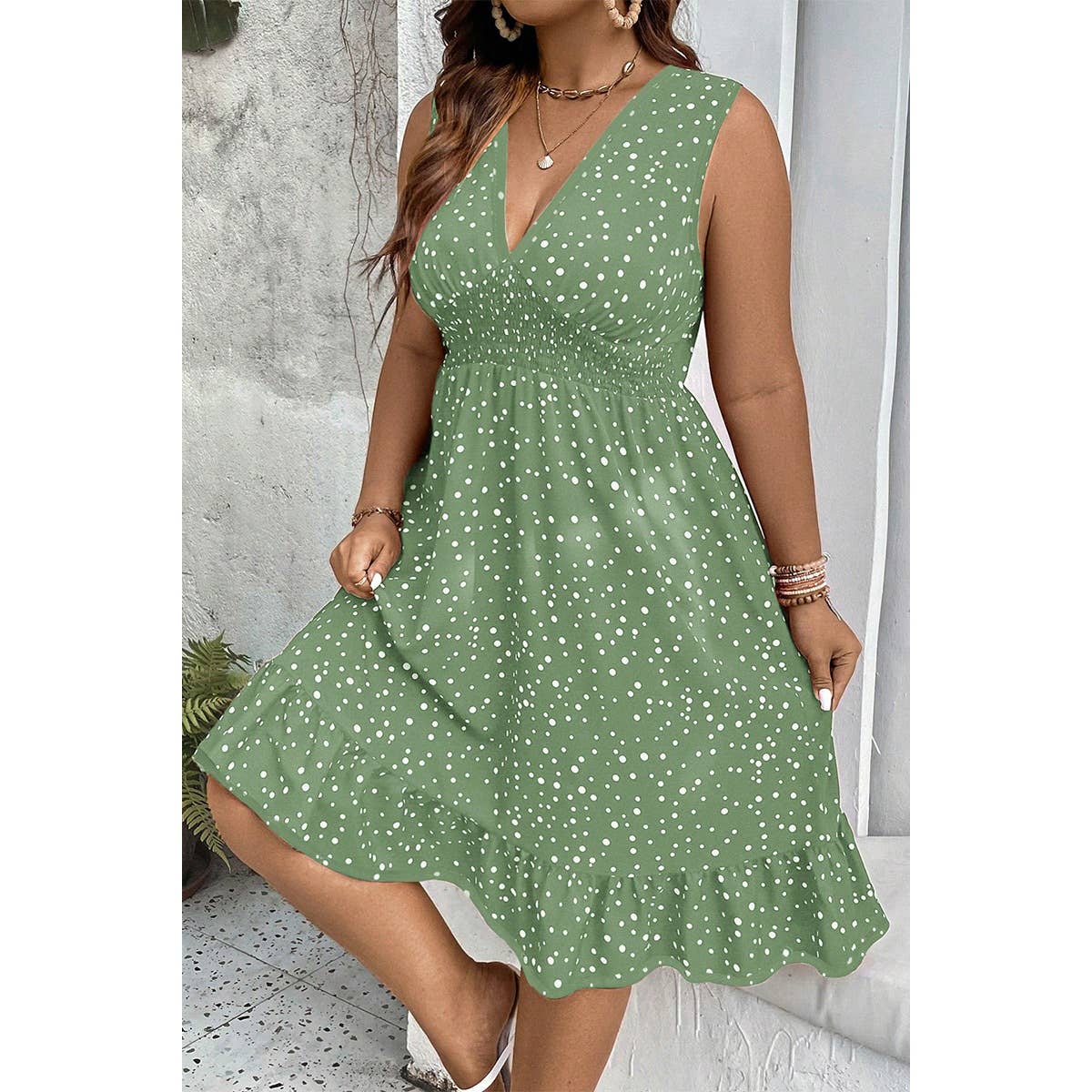 Plus Polka Dot Waist Shirred Sleeveless Fit Dress