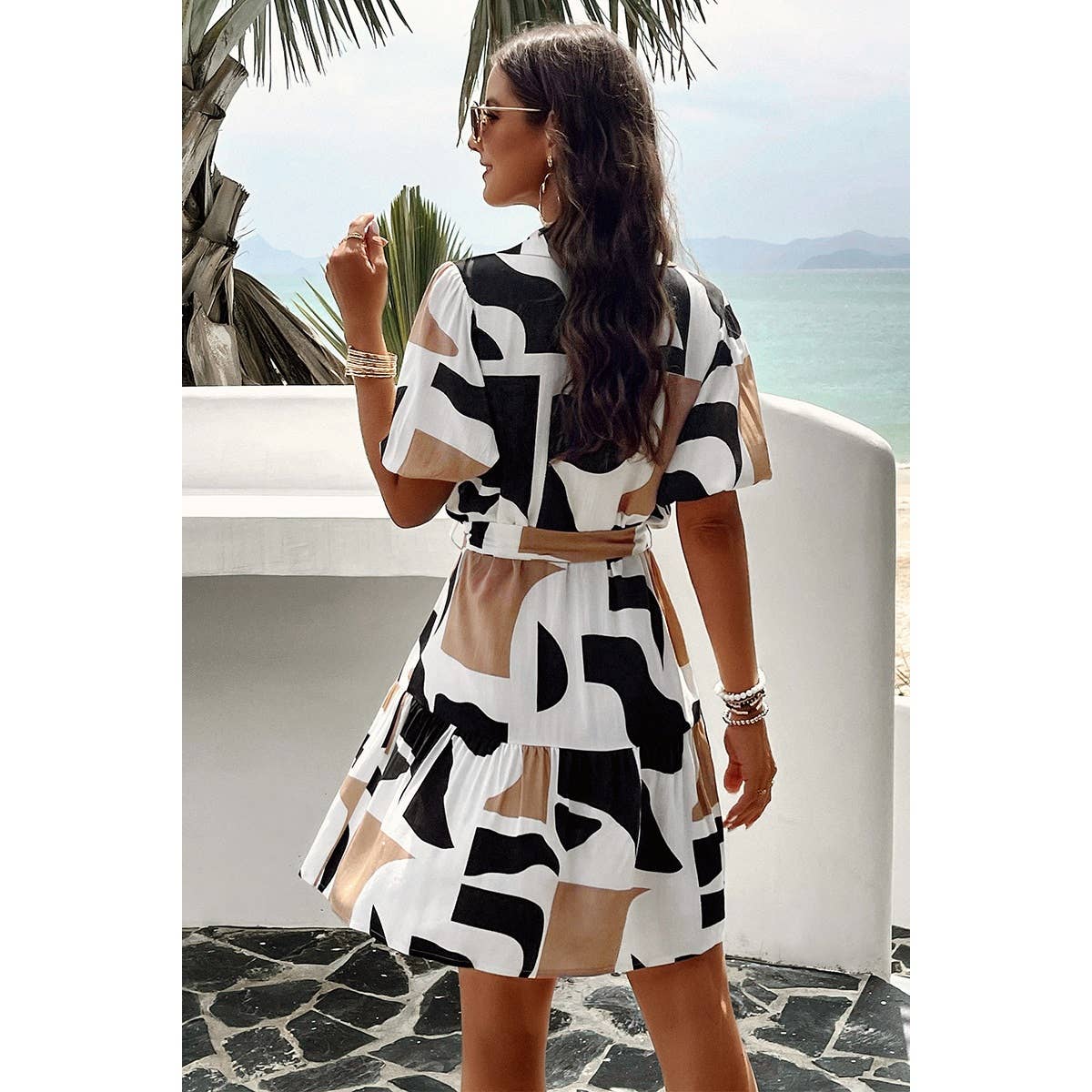 Allover Print Ruffle Front Button Open Belt Dress