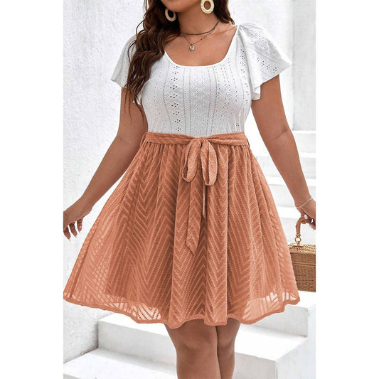Square Neck Hollow Out Lined Lace Belt Short Dress