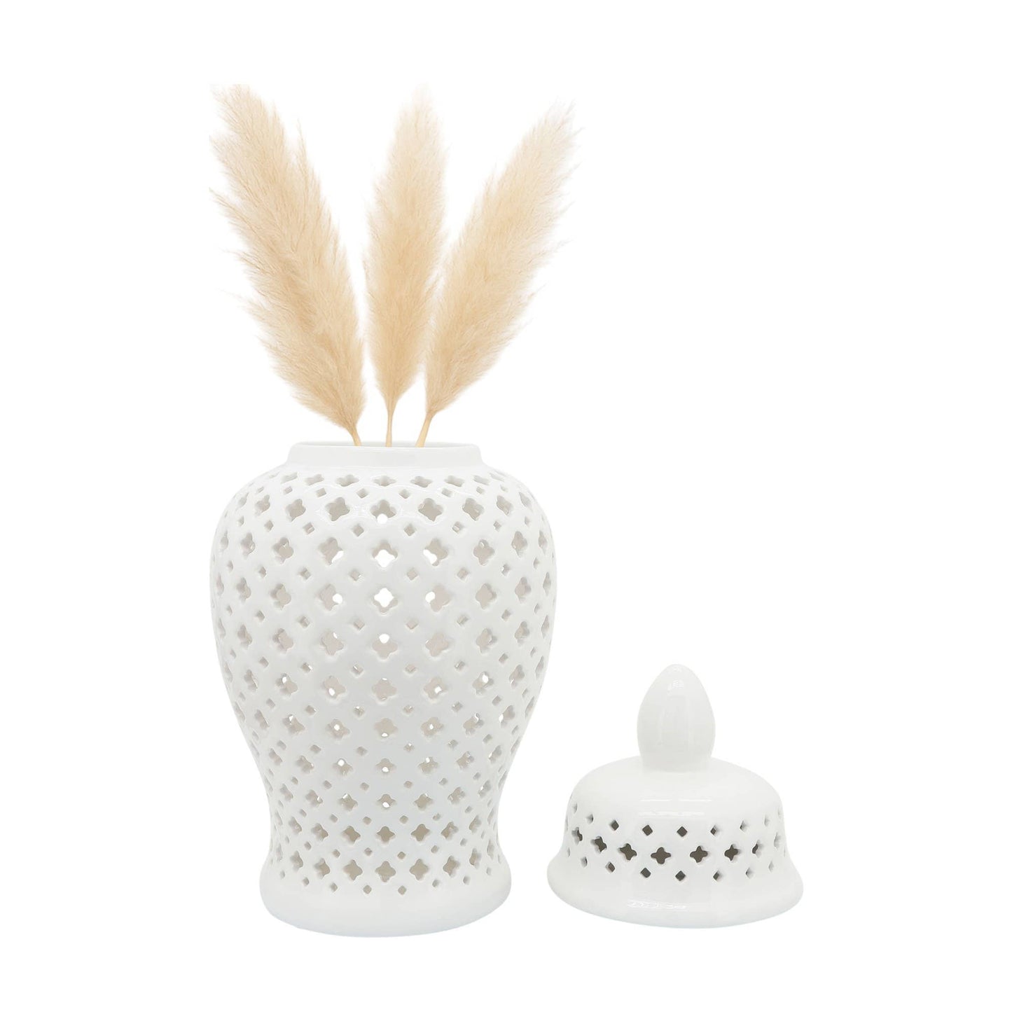 Decorative Temple Jar - White Ceramic Cut-out Clover, 24 in.