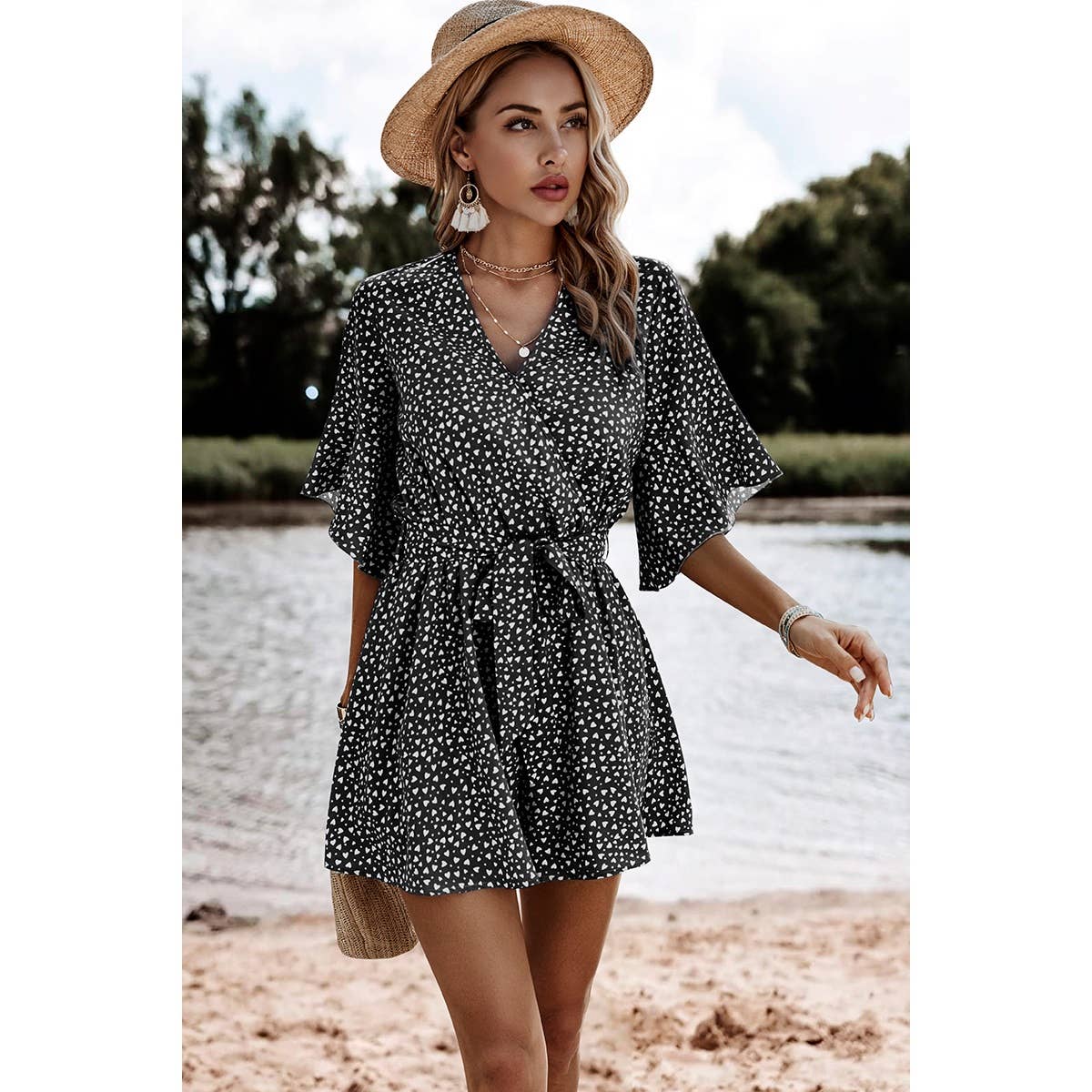 V Neck Ruffled Belted Flared Hemmed Romper